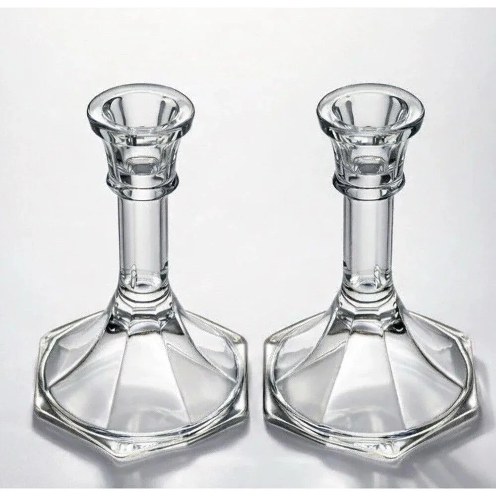 Pair of Mid Century Homco Clear Ribbed Glass Taper Candle Holders‎ Hexagonal